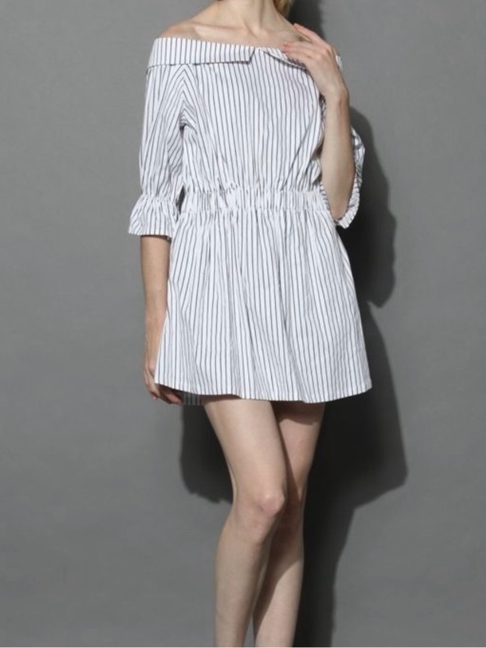 Chicwish White Off-Shoulder Pinstripe Mini Dress